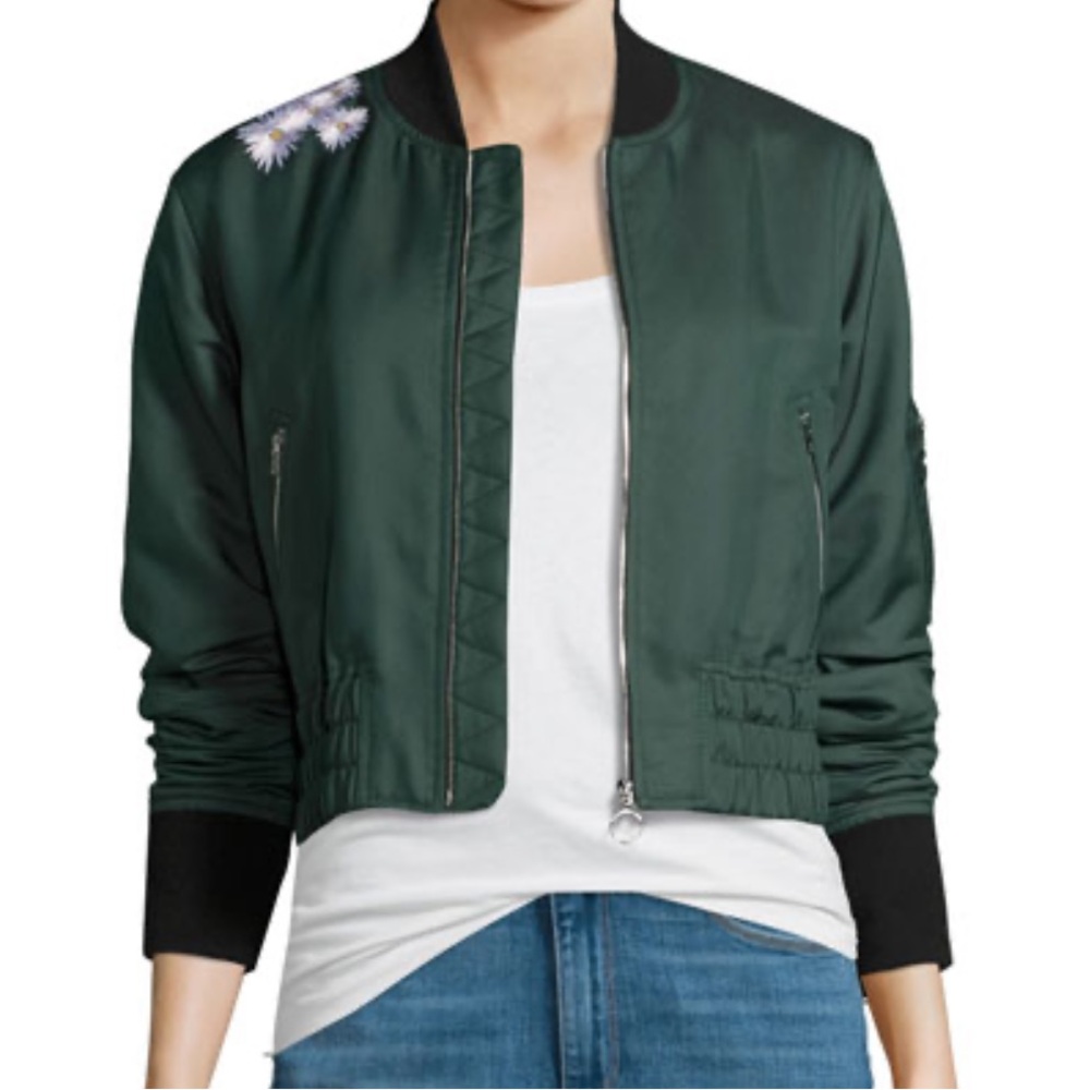 Elizabeth and James Green Ancel Moto Bomber Jacket floral embroidery size XS